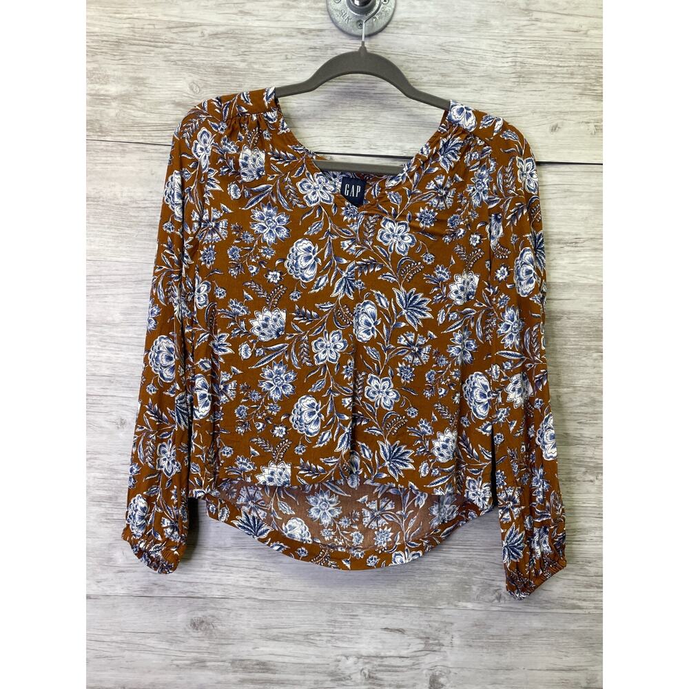 Gap Womens Floral‎ V-Neck Blouse Brown Blue XS Long Sleeve Balloon Top 429468-00